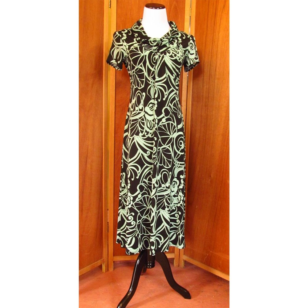 Vintage Perceptions New York Gypsy Black w/Green Atomic Print Cowl Neck Dress S6